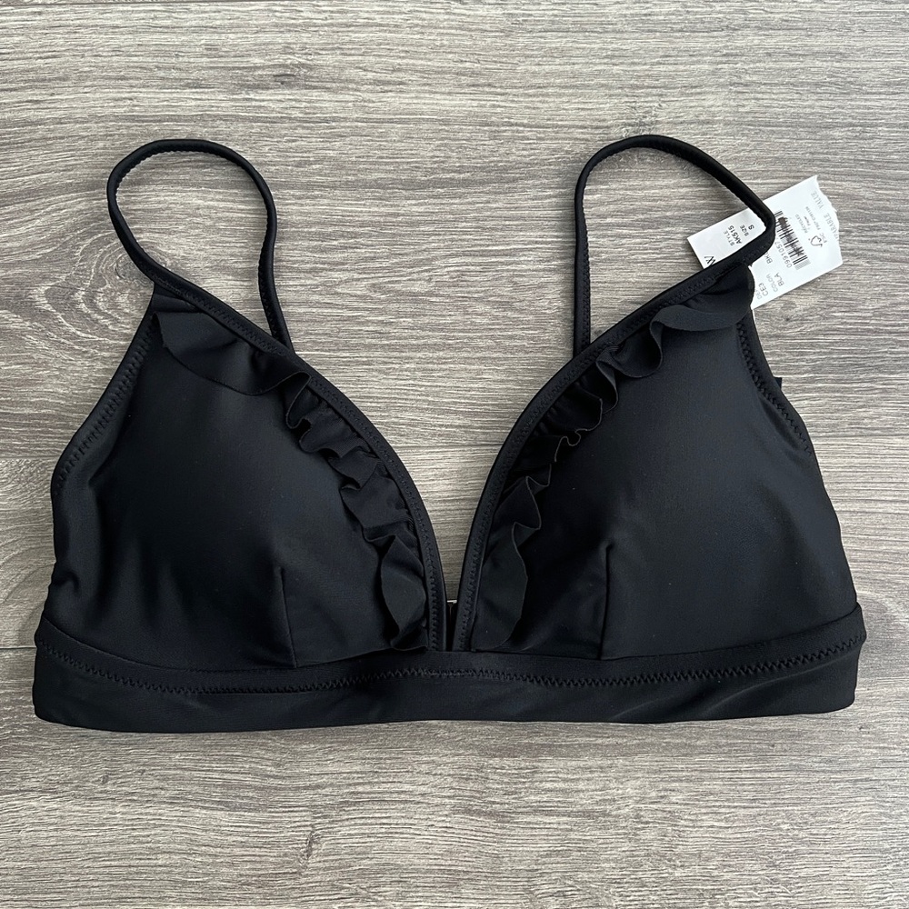 J.CREW Ruffle French Bikini Top Small Black Feminine Beach Swimwear Retro NWT